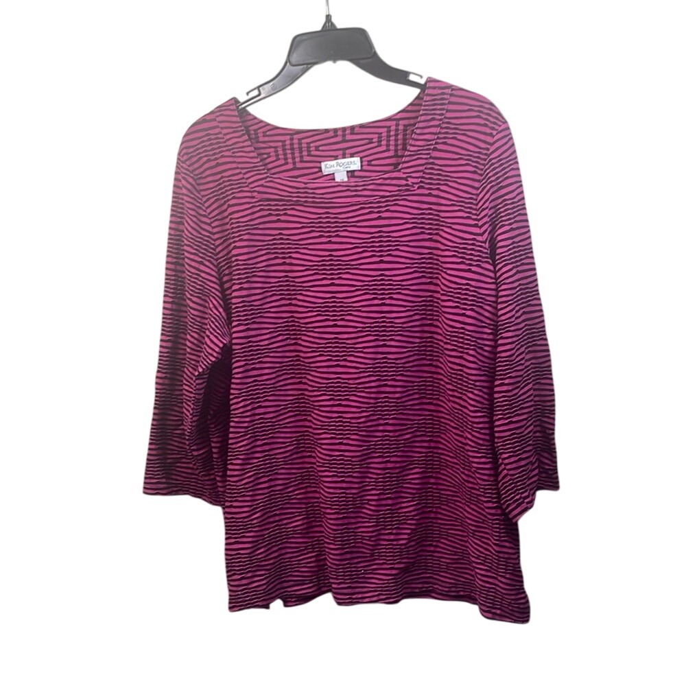 Kim Rogers‎ Womens Top 2X Pink Black 3/4 Sleeve Textured Stripe Blouse
